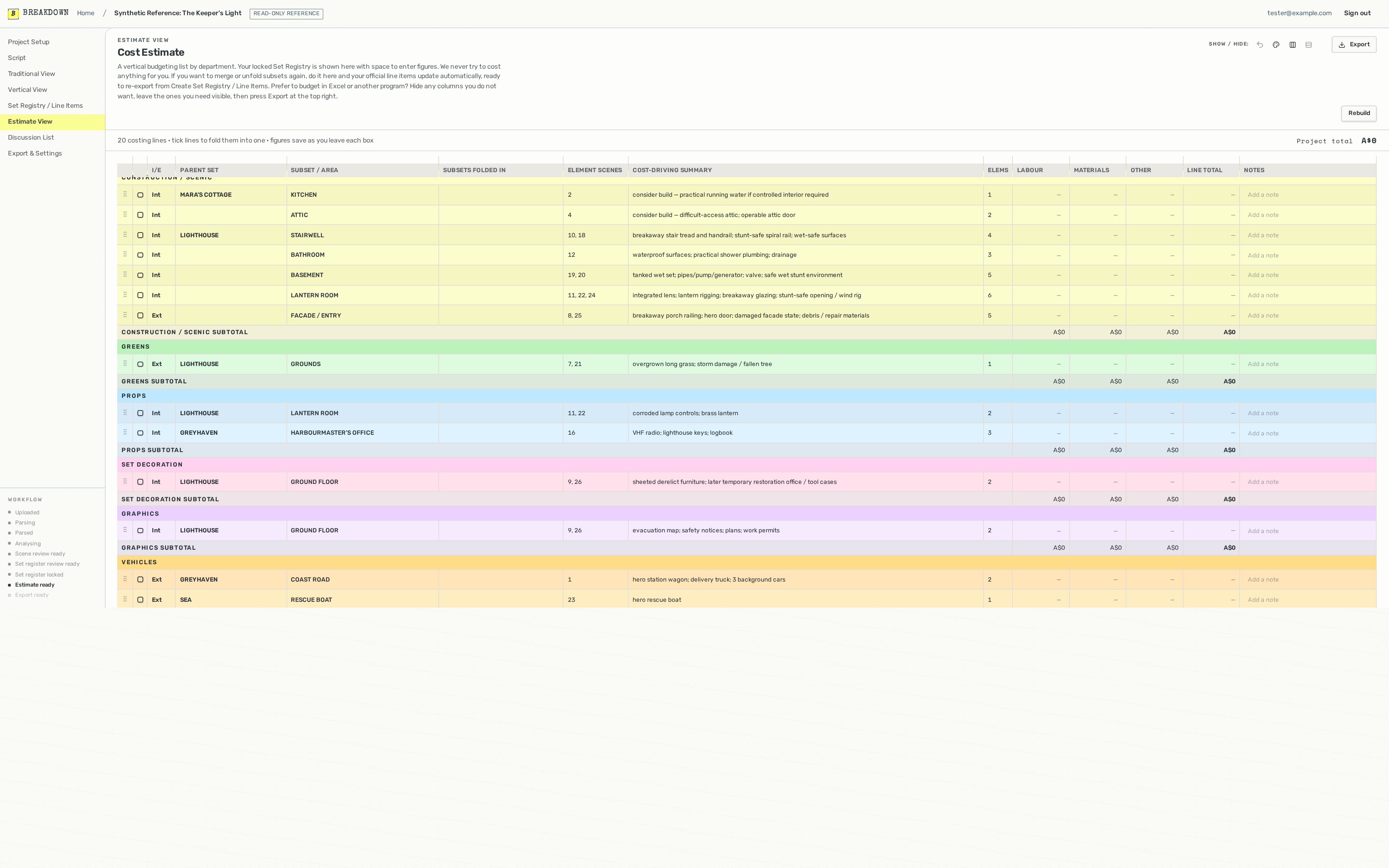 Estimate View screen from the sample project